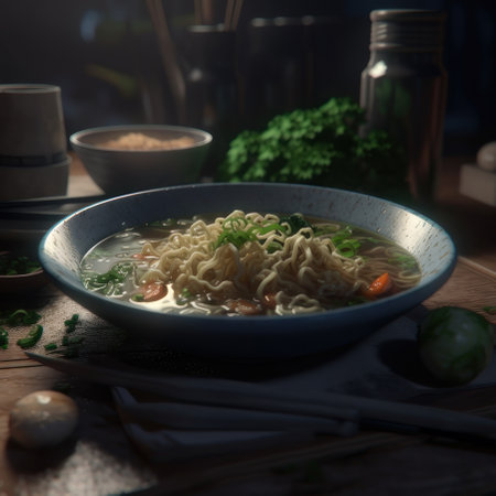Ramen. Health food. AI generative. illustration in photorealistic style.の素材