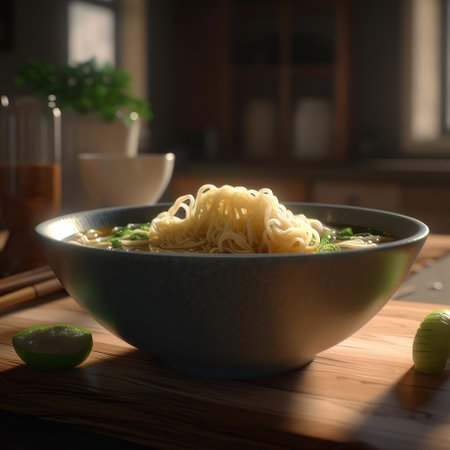Ramen on a wooden table. Health food. AI generative. illustration in photorealistic style.の素材