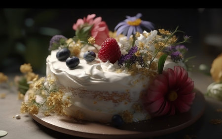 Cake with flowers and berries. Holiday, birthday, party. AI generative. illustration in photorealistic style.の素材