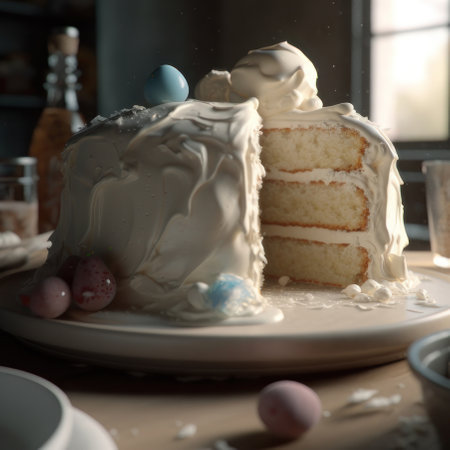 White cake on the table. Holiday, birthday, party. AI generative. illustration in photorealistic style.の素材
