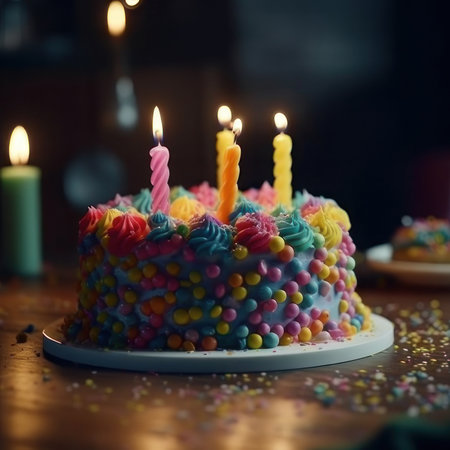 Multicolored cake with candles. Holiday, birthday, party. AI generative. illustration in photorealistic style.の素材