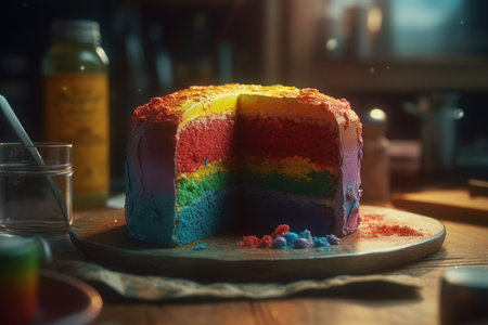 rainbow cake. Holiday, birthday, party. AI generative. illustration in photorealistic style.の素材