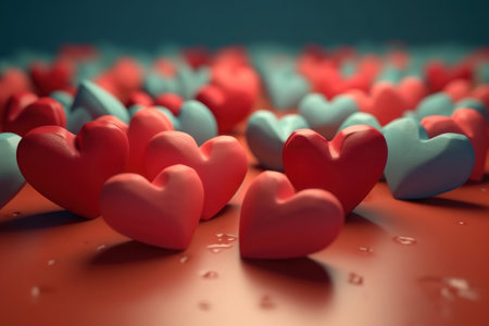 Plasticine hearts, festive background. AI generative. Illustration in the style of 3D graphics.の素材