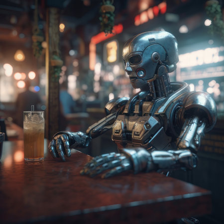 The robot sits in a bar with a cocktail, the concept of the future. AI generative. illustration in photorealistic style.の素材