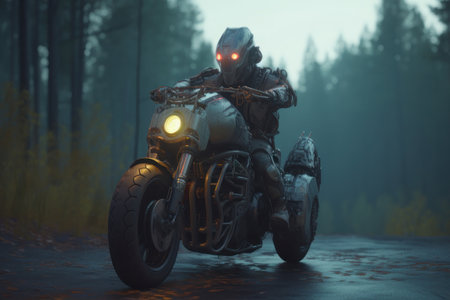 The robot rides a motorcycle on a forest road. AI generative. illustration in photorealistic style.の素材