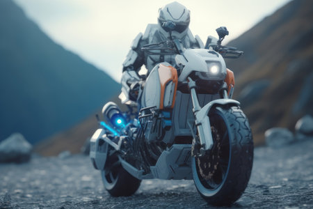 Robot and motorcycle. AI generative. illustration in photorealistic style.の素材