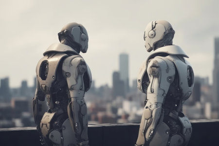 Two robots stand in the background of the city. AI generative. illustration in photorealistic style.の素材