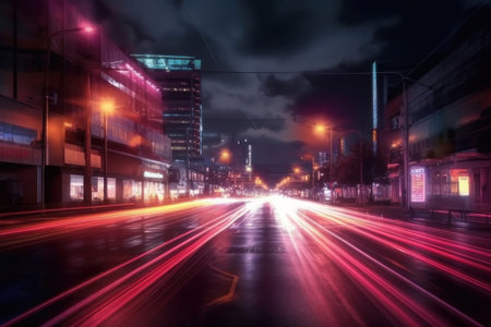 Bright lights in the city on the road, timelapse. AI generative. illustration in photorealistic style.の素材