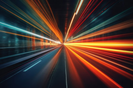 Bright lights in the city on the road, timelapse. movement speed. AI generative. illustration in photorealistic style.の素材