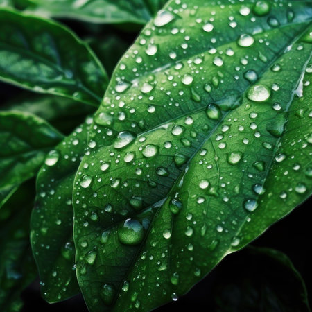Green leaf and dew drops close-up. texture, background. AI generative. illustration in photorealistic style.の素材