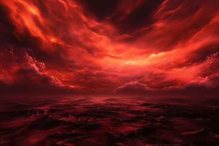 Red sky and sea, doomsday, apocalypse. AI generative. illustration in photorealistic style.の素材