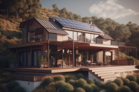 Solar panel on the roof of the house, alternative green energy, ecology. AI generative. illustration in photorealistic style.の素材