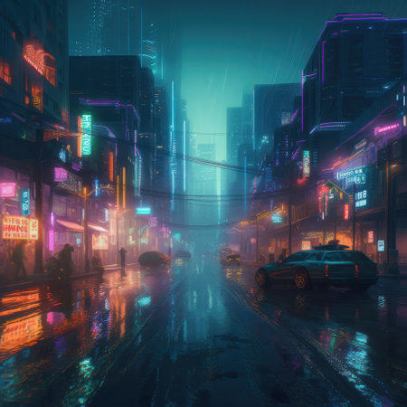 City of the future at night, neon colors. AI generative. illustration in photorealistic style.の素材