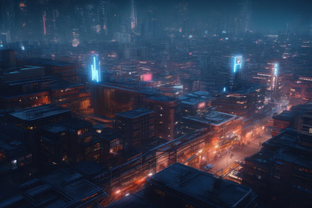 City of the future, top view, neon colors. AI generative. illustration in photorealistic style.の素材