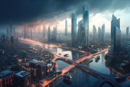 City of the future, metropolis with a river, concept. AI generative. illustration in photorealistic style.の素材