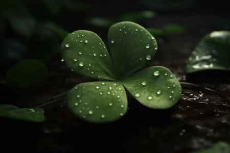 Four leaf clover and water drops. AI generative. illustration in photorealistic style.の素材