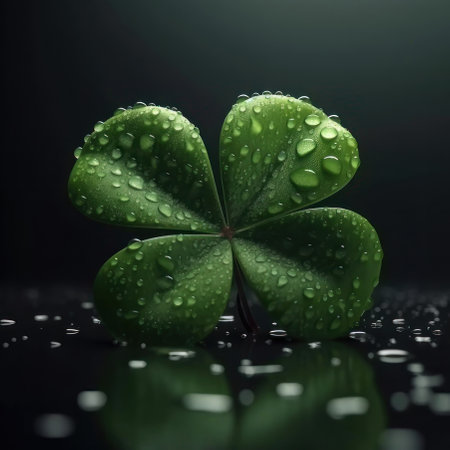 Four leaf clover and drops of water, a symbol of good luck. AI generative. illustration in photorealistic style.の素材