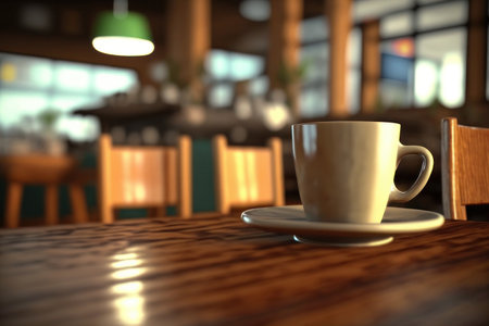 White cup with coffee on the table. AI generative. illustration in photorealistic style.の素材