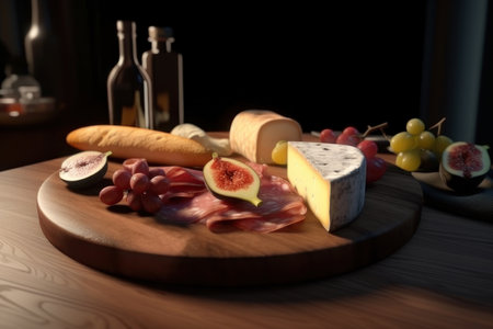 Cheese and jamon on a wooden tray. AI generative. illustration in photorealistic style.の素材