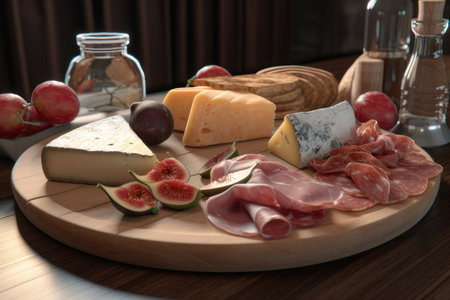 Cheese and jamon, delicacies on a wooden tray. AI generative. illustration in photorealistic style.の素材