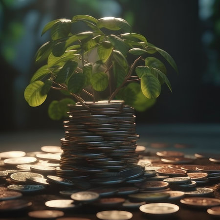 A tree grows from a stack of coins. business concept. AI generative. illustration in photorealistic style.の素材