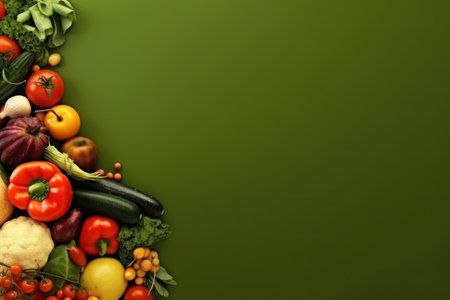 Vegetables on a green background. background with copy space. AI generative. illustration in photorealistic style.の素材