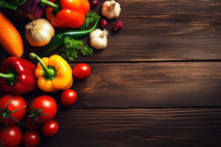 Vegetables on a wooden background, top view. background with copy space. AI generative. illustration in photorealistic style.の素材
