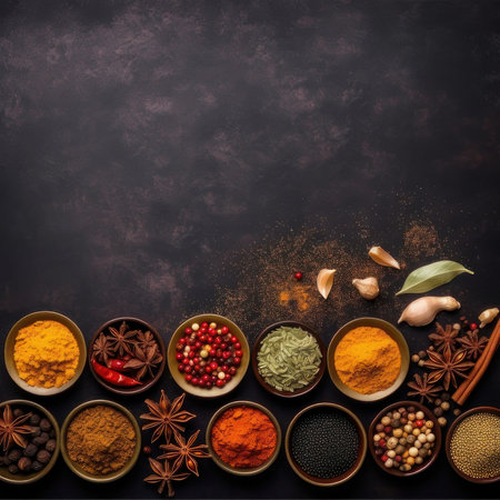 Spices on a dark background. Square background with copy space. AI generative. illustration in photorealistic style.の素材