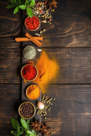 Spices in saucers. Vertical background with copy space. AI generative. illustration in photorealistic style.の素材