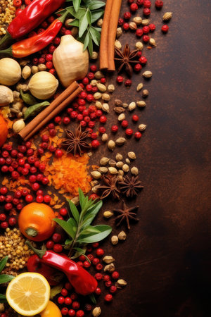 Spices. Vertical background with copy space. AI generative. illustration in photorealistic style.の素材