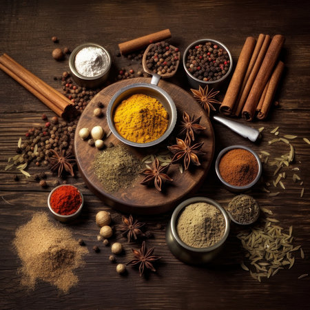 Spices on a wooden background. Square background AI generative. illustration in photorealistic style.の素材