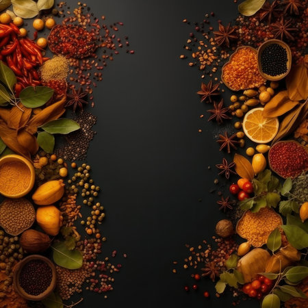 Spices on a black background. Square background with copy space. AI generative. illustration in photorealistic style.の素材