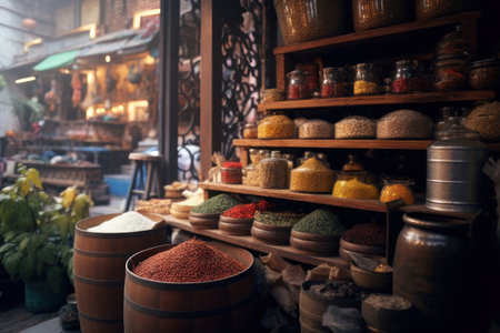 Eastern spice market. AI generative. illustration in photorealistic style.の素材