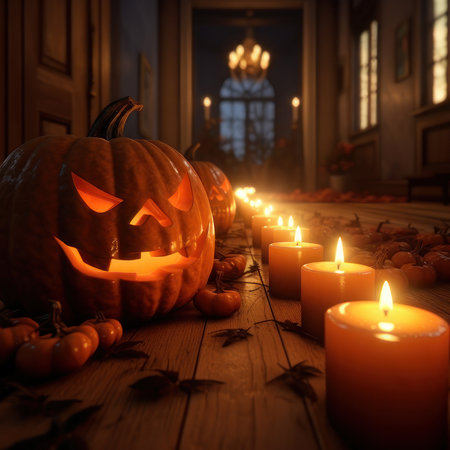 Halloween pumpkins and candles on the floor. square illustration. AI generative. illustration in photorealistic style.の素材