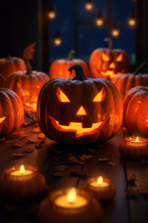 Halloween pumpkin and candles. vertical illustration. AI generative. illustration in photorealistic style.の素材