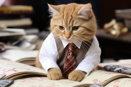 Cat in a suit with documents in the office. AI generative. illustration in photorealistic style.の素材