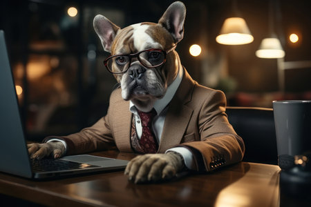 Dog in a suit in the office with a laptop. AI generative. illustration in photorealistic style.の素材