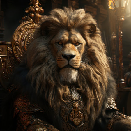 Lion on the royal throne in the palace. AI generative. illustration in photorealistic style.の素材