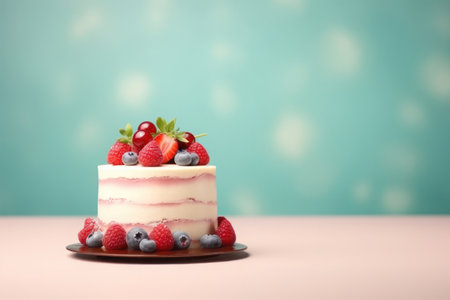 Cake on a blue background. background with copy space. AI generative. illustration in photorealistic style.の素材