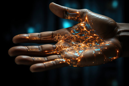 Human hand and hologram interface on hand. AI generative. illustration in photorealistic style.の素材