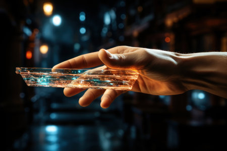 Human hand and hologram interface. AI generative. illustration in photorealistic style.の素材