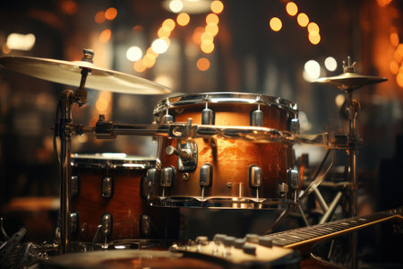 Drum set and guitar. AI generative. illustration in photorealistic style.の素材