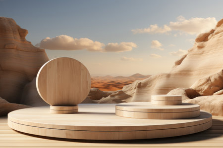 Stage podium for advertising made of wood against the background of rocks. AI generative. illustration in photorealistic style.の素材