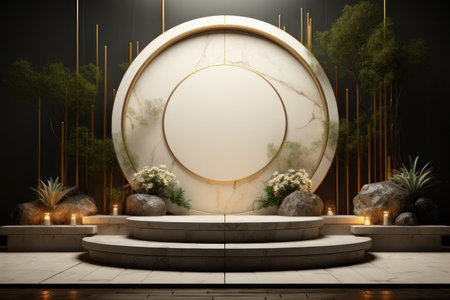 Stage podium for advertising from marble with flowers. AI generative. illustration in photorealistic style.の素材
