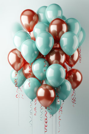Multicolored balloons with helium on a white background. vertical holiday background. AI generative. illustration in photorealistic style.の素材