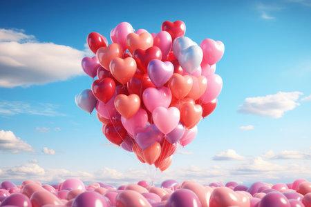Heart shaped balloons fly in the sky. AI generative. illustration in photorealistic style.の素材
