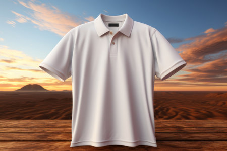 mockup. White T-shirt on the background of the desert. AI generative. illustration in photorealistic style.の素材