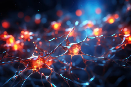 Abstract background, neurons, neon light. AI generative. Background for the site, desktop.の素材