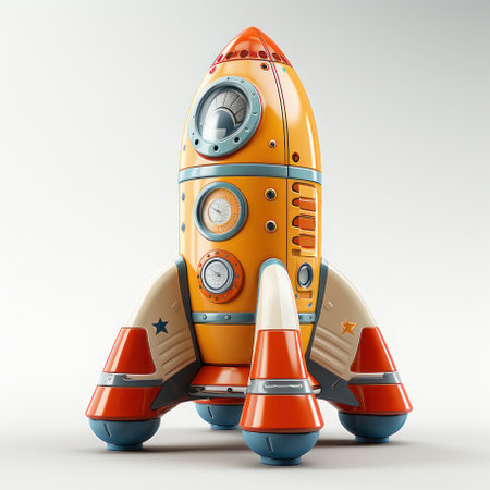 Toy rocket on a white background, 3D. AI generative. Illustration in 3D render style.の素材