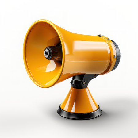 Yellow megaphone isolated on white background, 3D. AI generative. Illustration in 3D render style.の素材